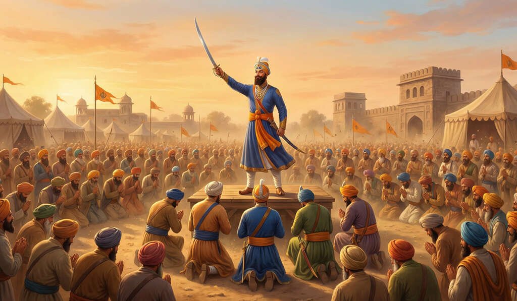 ਵਿਸਾਖੀ - ਸਿੱਖ ਇਤਿਹਾਸ ਦਾ ਇਨਕਲਾਬ, ਖ਼ਾਲਸਾ ਪੰਥ ਦਾ ਸਾਜਨਾ ਦਿਹਾੜਾ 6 Guru Ji was holding a naked sword